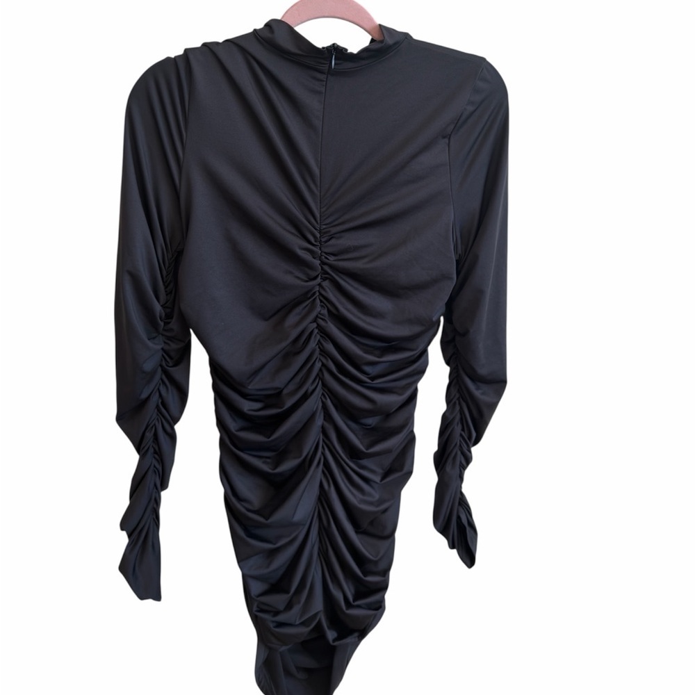 Black XL Ruched Cutout Bodycon Mini Dress Long Sleeve Club Party - Picture 3 of 7